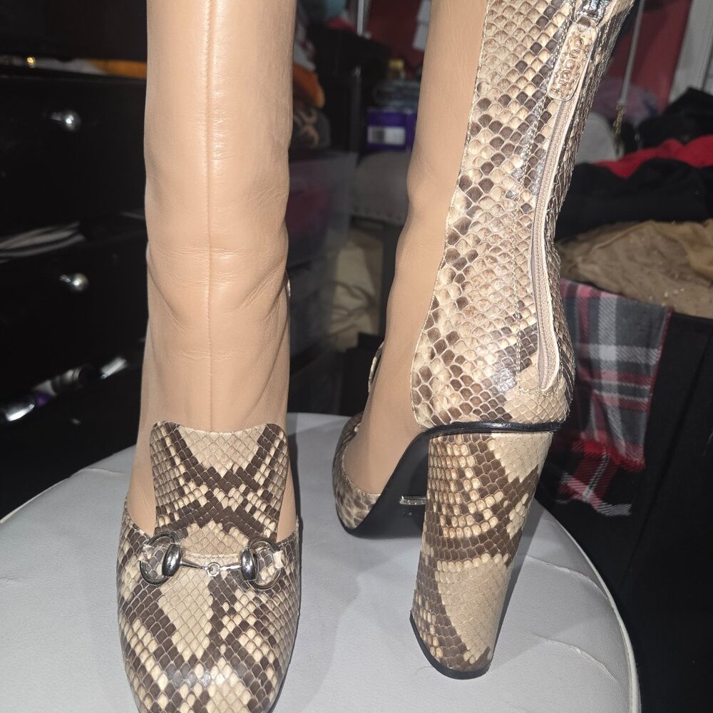 GUCCI “Lillian” Python Camel Brown Ankle Boots with Horsebit Detail